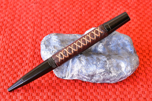 Handmade Knurl twist pen. Dark brown leather.