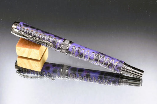 Handmade Knurl rollerball pen. Blue gator embossed leather.