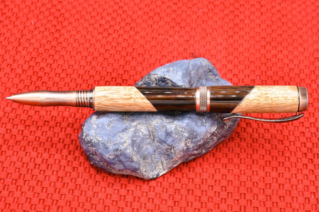 Handmade Knurl Rollerball pen. Cocobolo and curly Mango woods.