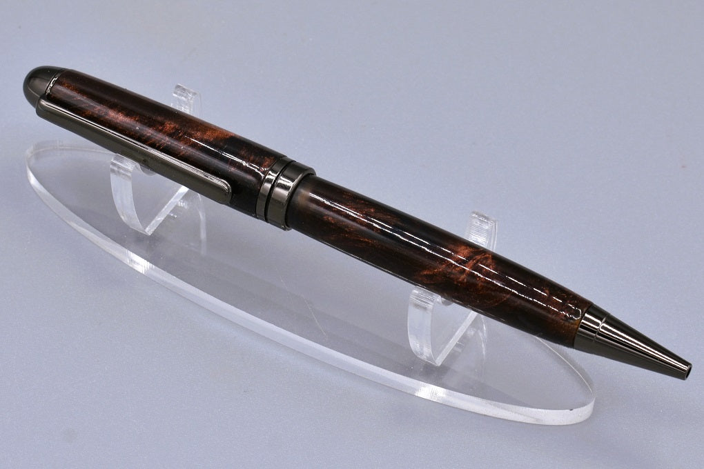 Handmade Round Top twist pen. Black & antique copper resin. 