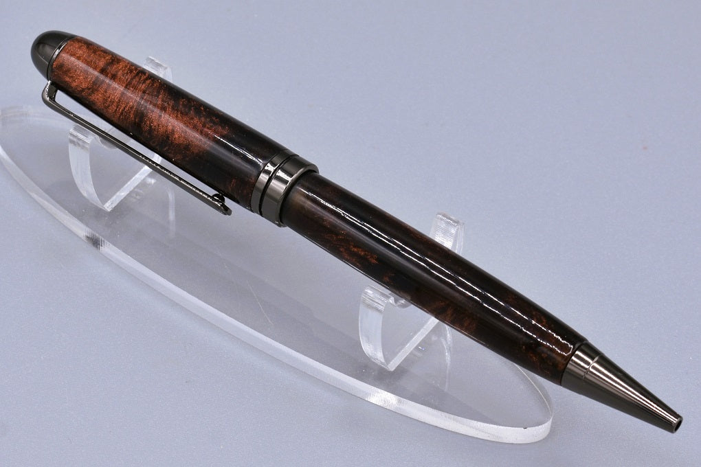 Handmade Round Top twist pen. Black & antique copper resin.