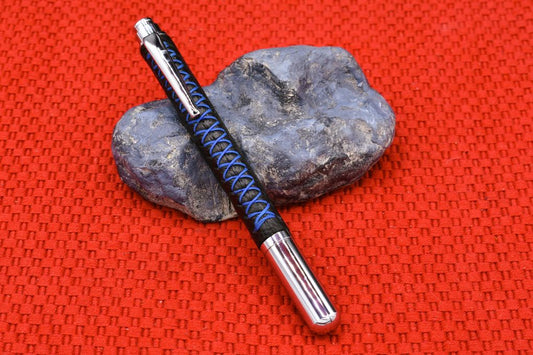 Handmade Chrome capped rollerball pen. Black Deer skin leather.
