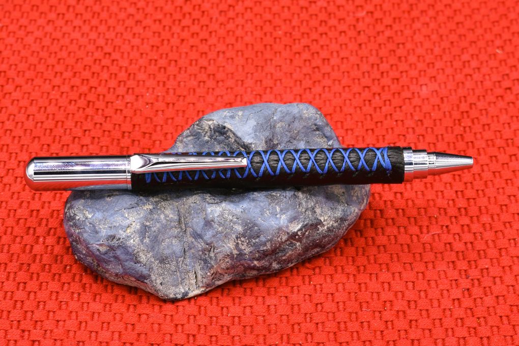 Handmade Chrome capped rollerball pen. Black Deer skin leather.