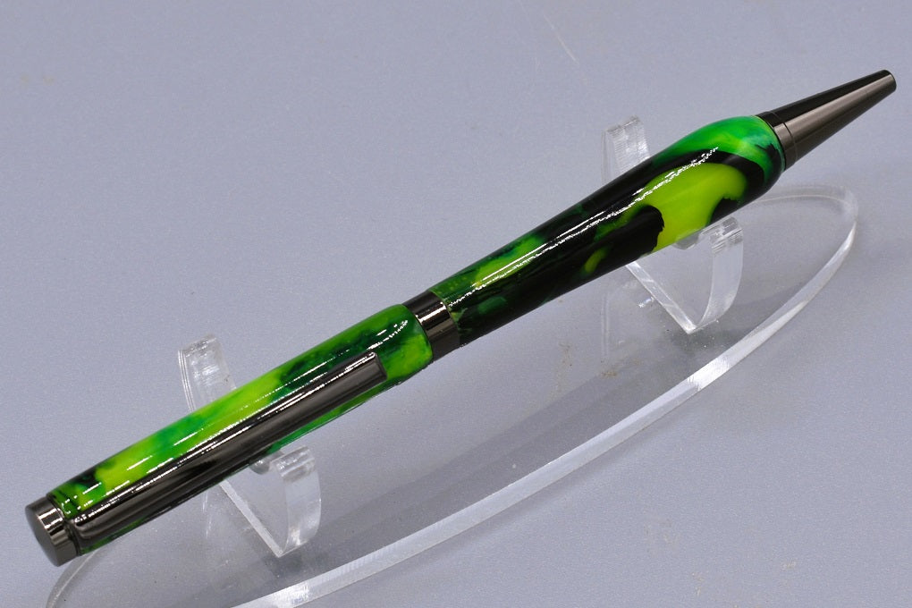 Handmade Slim twist pen. Black, green resin.