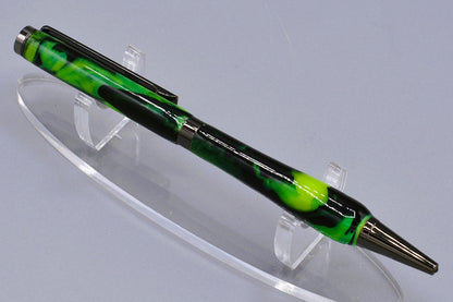 Handmade Slim twist pen. Black, green resin.