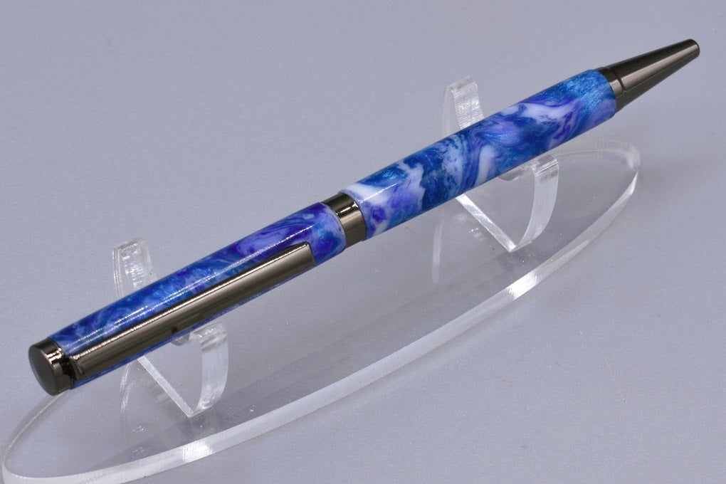 Handmade Slim twist pen. Blue & white resin.