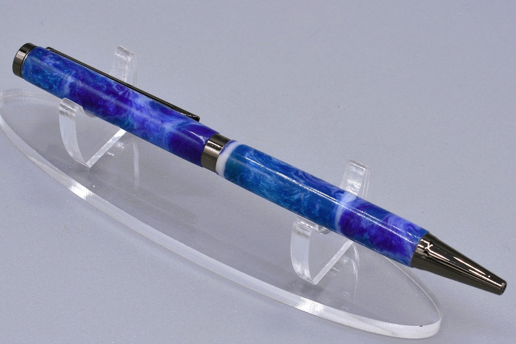 Handmade Slim twist pen. Blue & white resin.