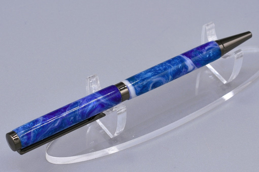 Handmade Slim twist pen. Blue & white resin.