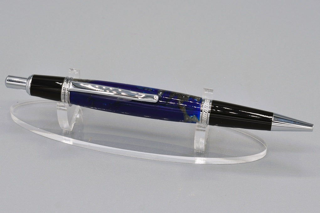Handmade Large click pen. Blue, white & silver resin.